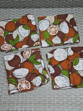 Vintage Brown Citrus Print Cotton Napkins Set Of 4 Brown Orange, Green 17"X 17"